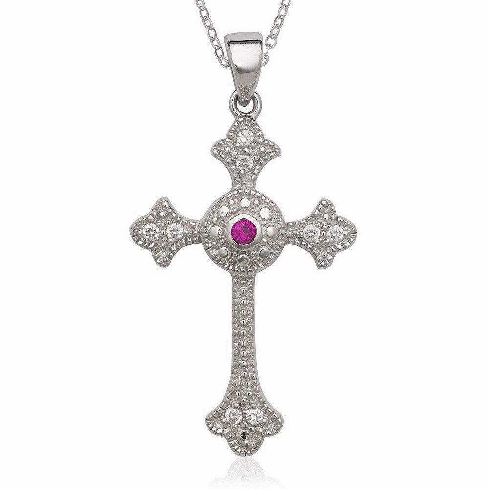 Sterling Silver Ruby and Clear CZ Cross Pendant