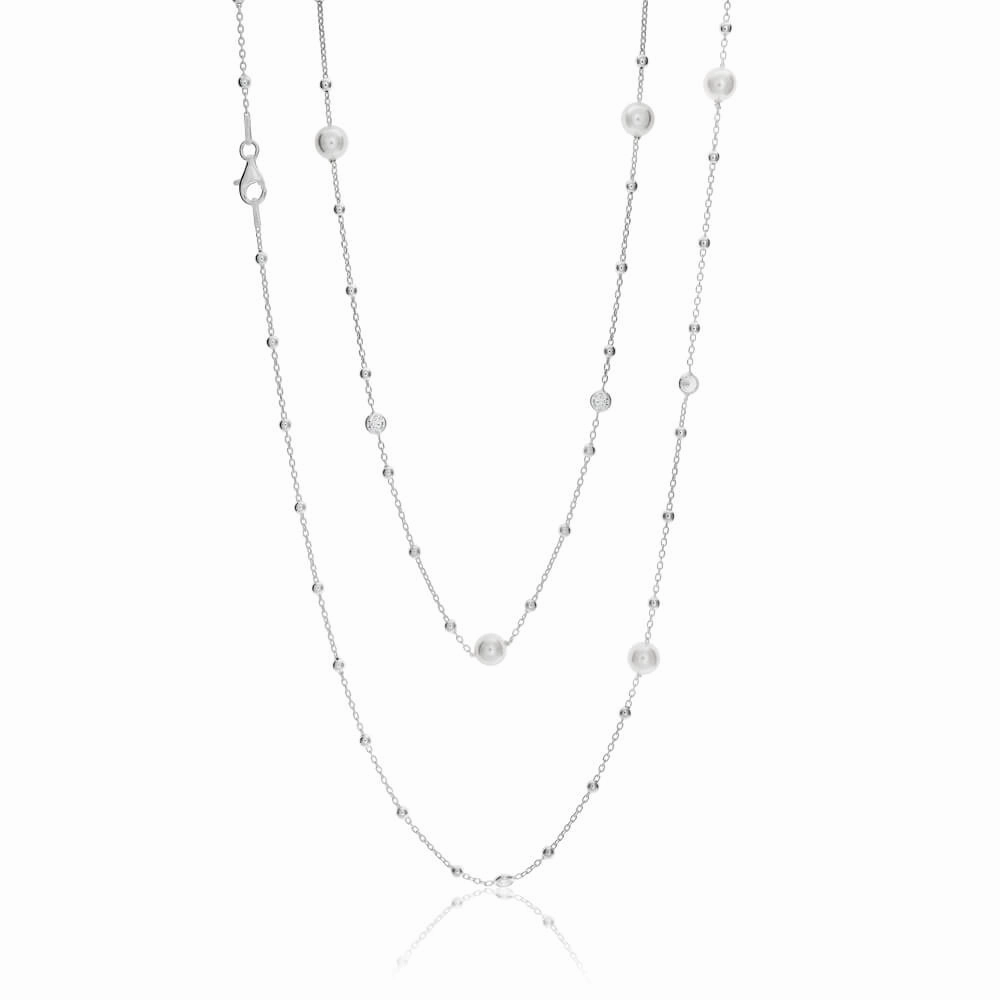 Sterling Silver Simulated Pearl, Bead and Zirconia Long Chain 80cm