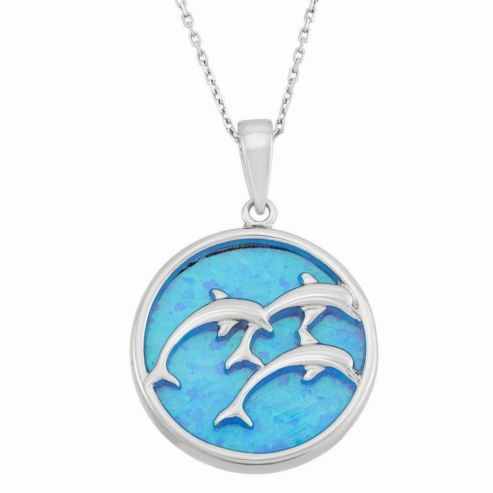 Sterling Silver Tree Leaping Dolphins Disc Pendant
