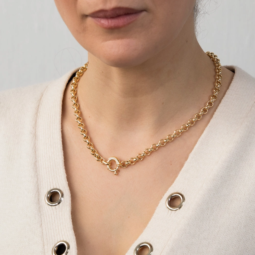 Sterling Silver Yellow Gold Plated Cubic Zironica Boltring 45cm Belcher Chain