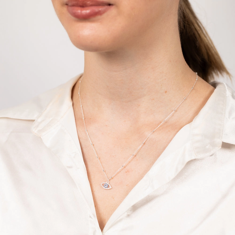 Sterling Silver Zirconia Evil Eye Pendant On 42 3cm Chain