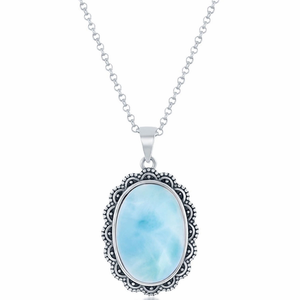 Women's Pendant - Oval Larimar Filigree Design Oxidized | K-8688