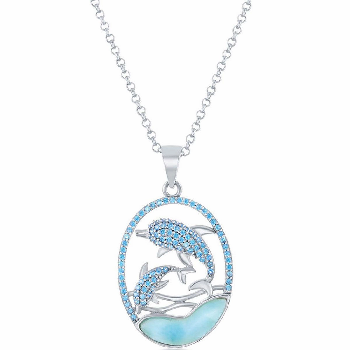 Women's Pendant - Silver Blue CZ Dolphins and Larimar | K-8294