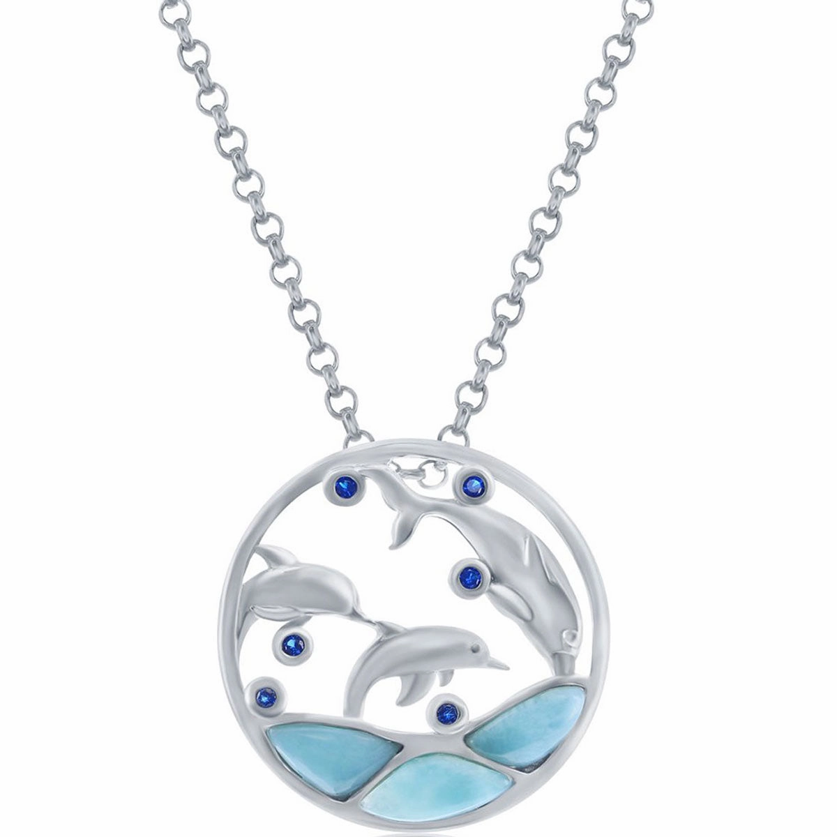 Women's Pendant - Silver Larimar and CZ Diving Dolphins | K-8894