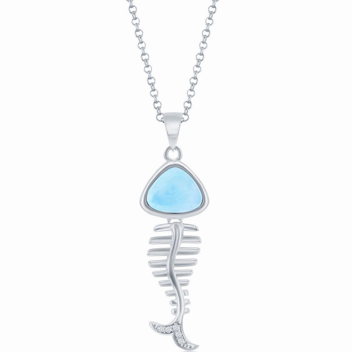 Women's Pendant - Silver Larimar and CZ Fish Skeleton | K-8727