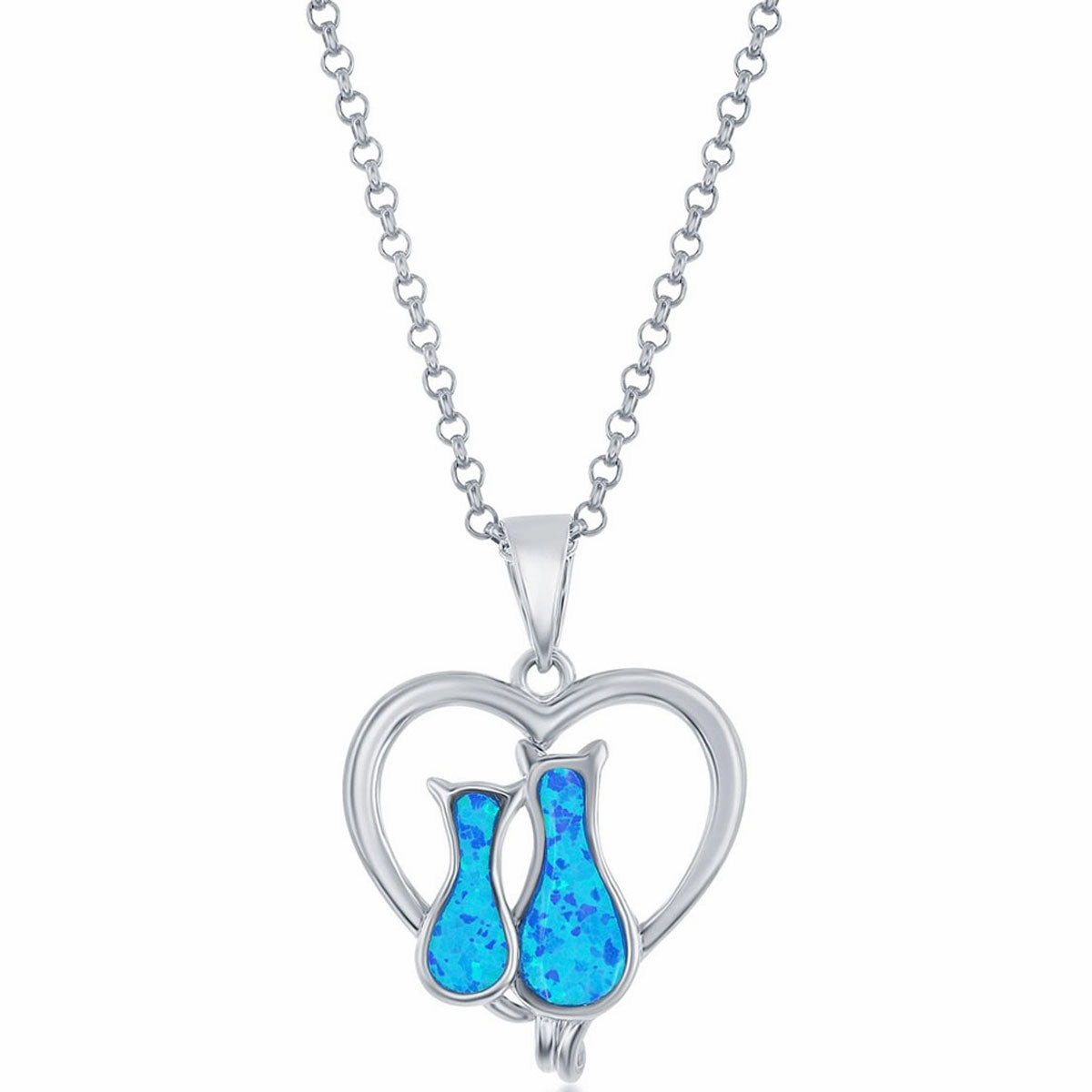 Women's Pendant - Sterling Silver Blue Opal Cats in a Heart Design | K-8707