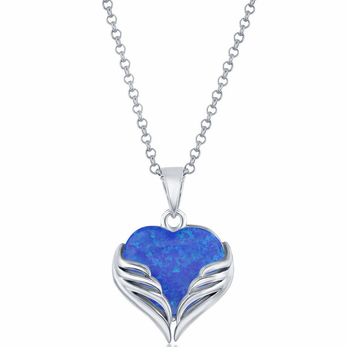 Women's Pendant - Sterling Silver Blue Opal Heart Angel Wings | K-8713