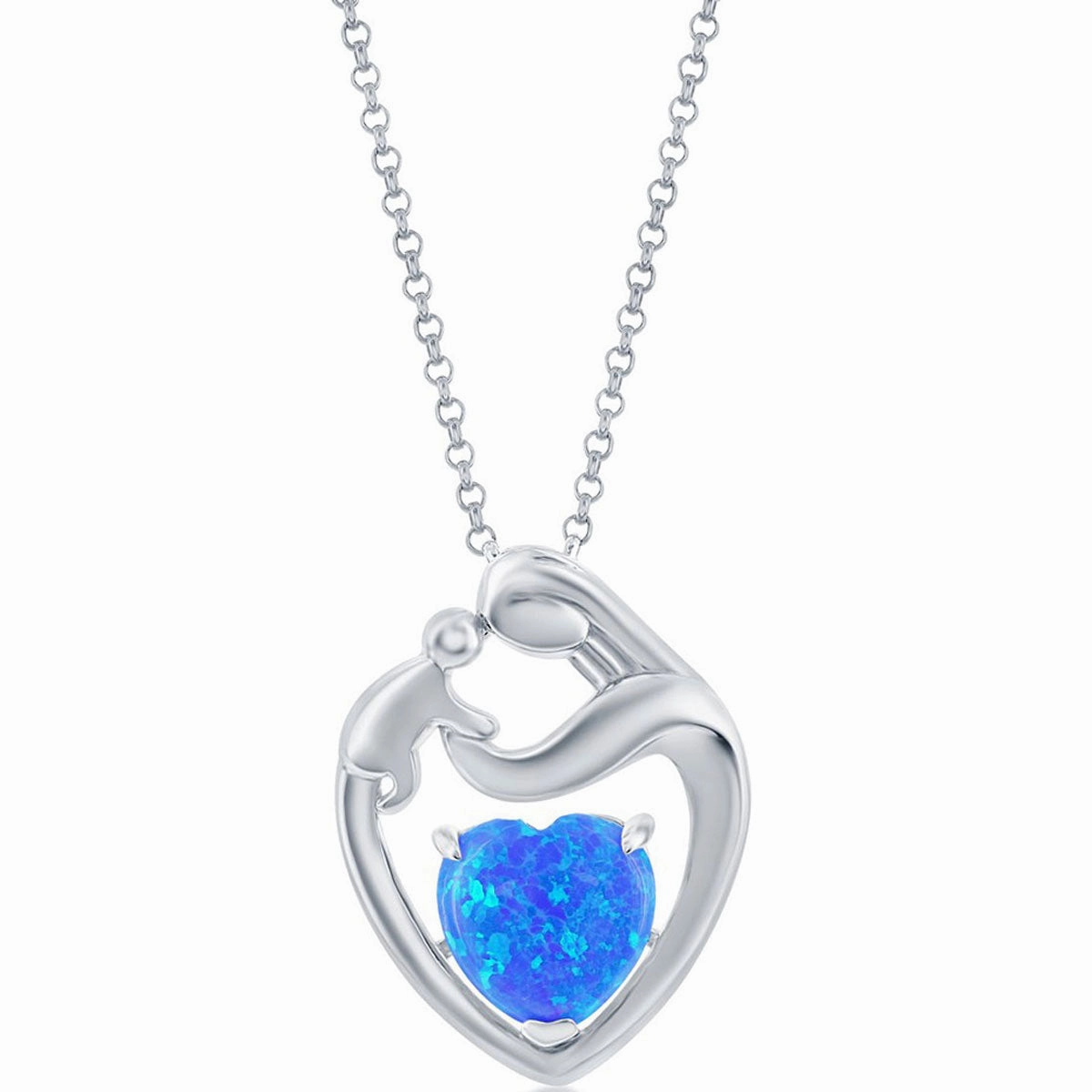 Women's Pendant - Sterling Silver Blue Opal Heart Mother and Child | K-8703