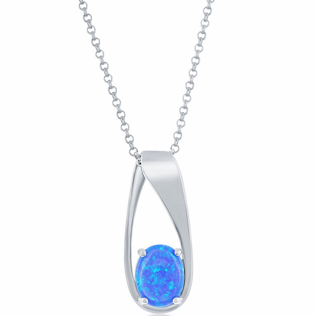 Women's Pendant - Sterling Silver Long Oval Design Blue Opal Stone | K-8711