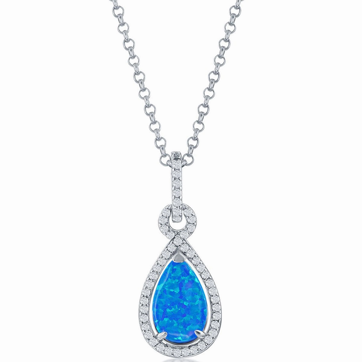 Women's Pendant - Sterling Silver Pearshape Blue Opal with CZ Border | K-8702