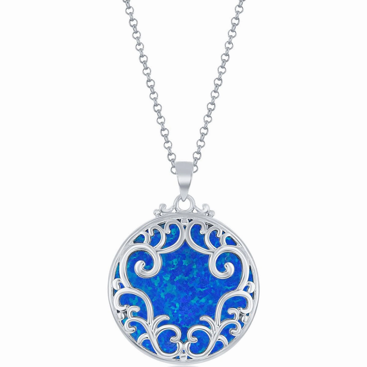 Women's Pendant - Sterling Silver Round Filigree Design Blue Opal | K-8725