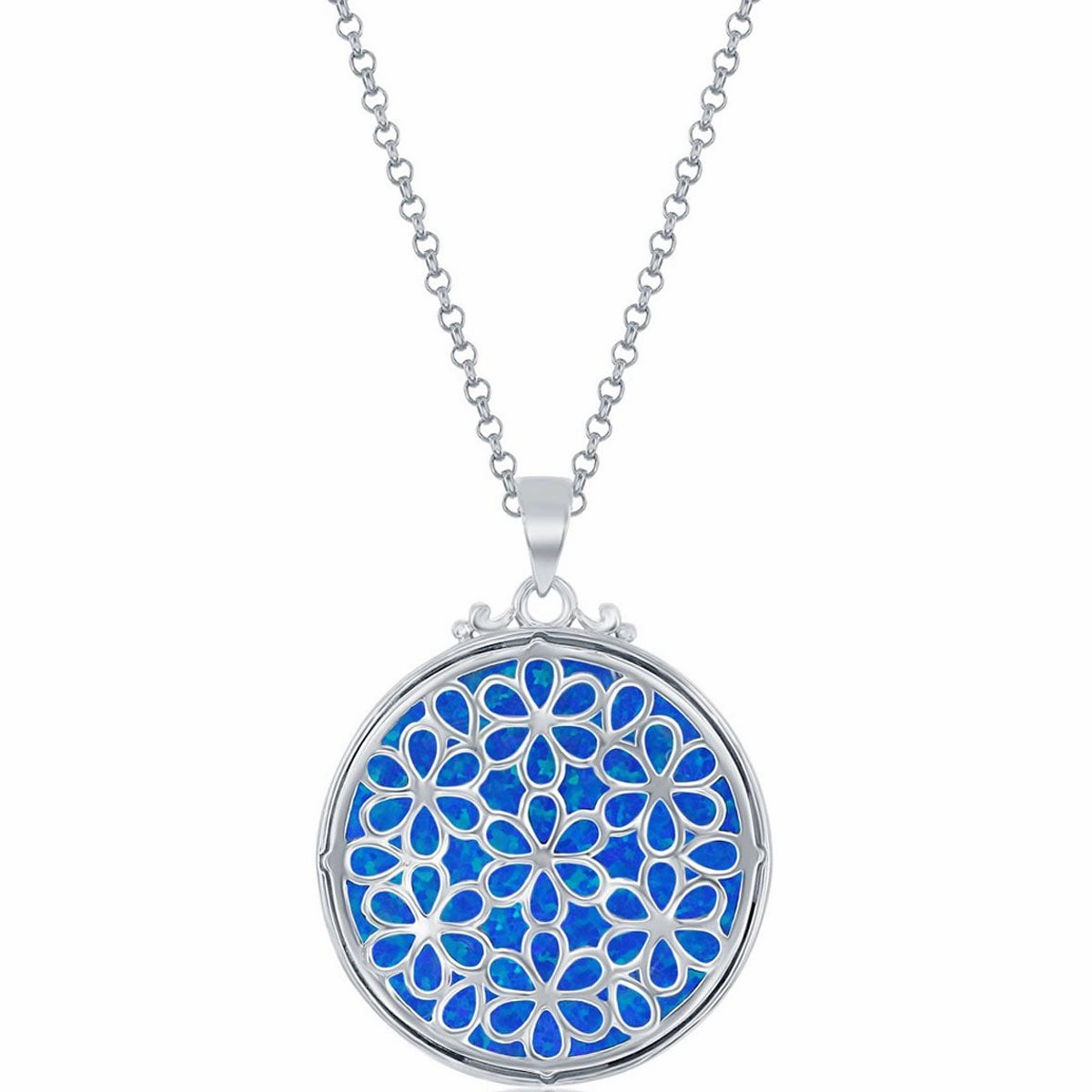 Women's Pendant - Sterling Silver Round Filigree Design Blue Opal | K-8725