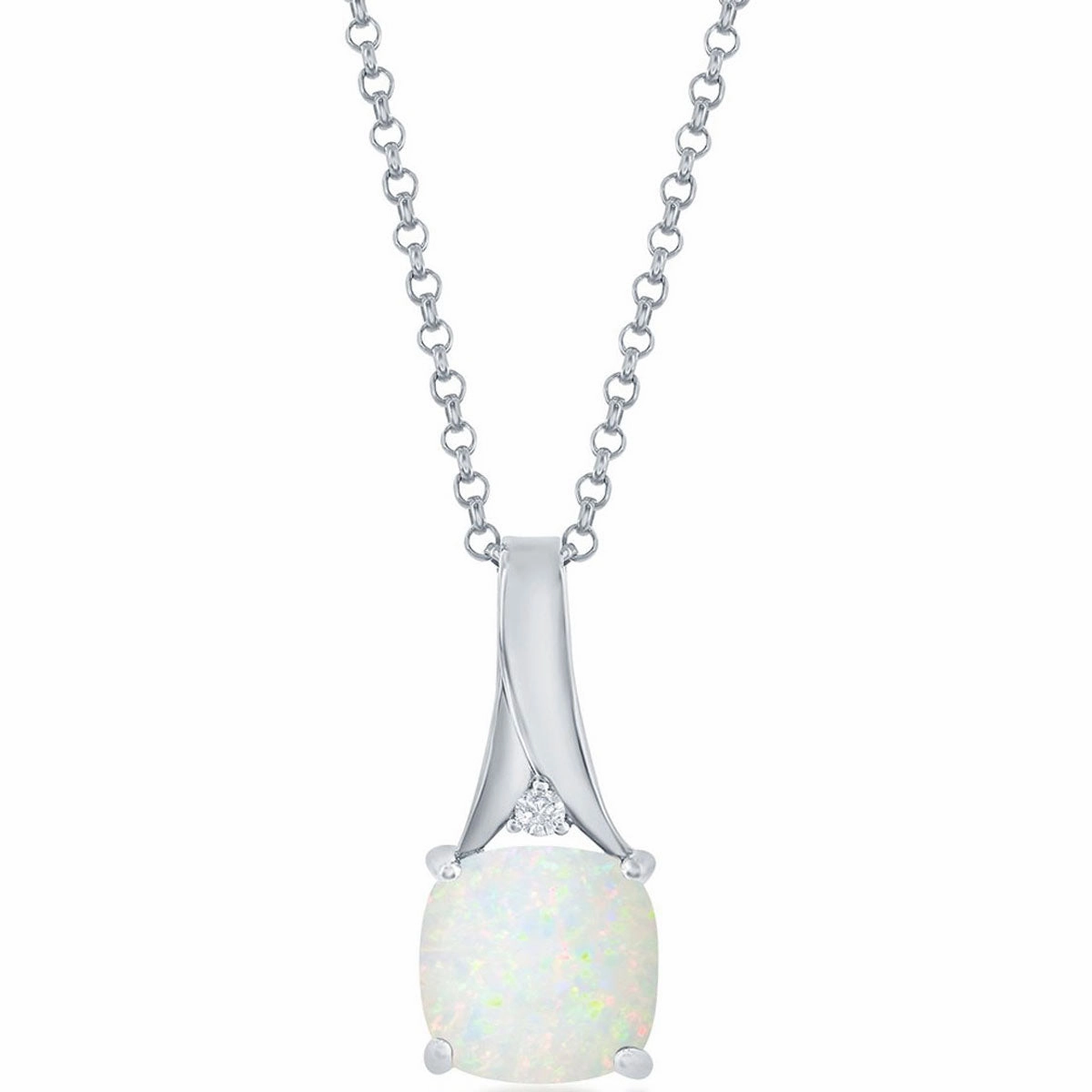 Women's Pendant - Sterling Silver Square White Opal and Round CZ Top | K-8882