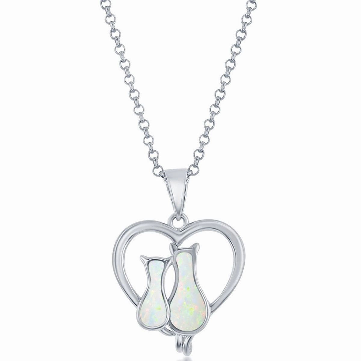 Women's Pendant - Sterling Silver White Opal Cats in a Heart Design | K-8879