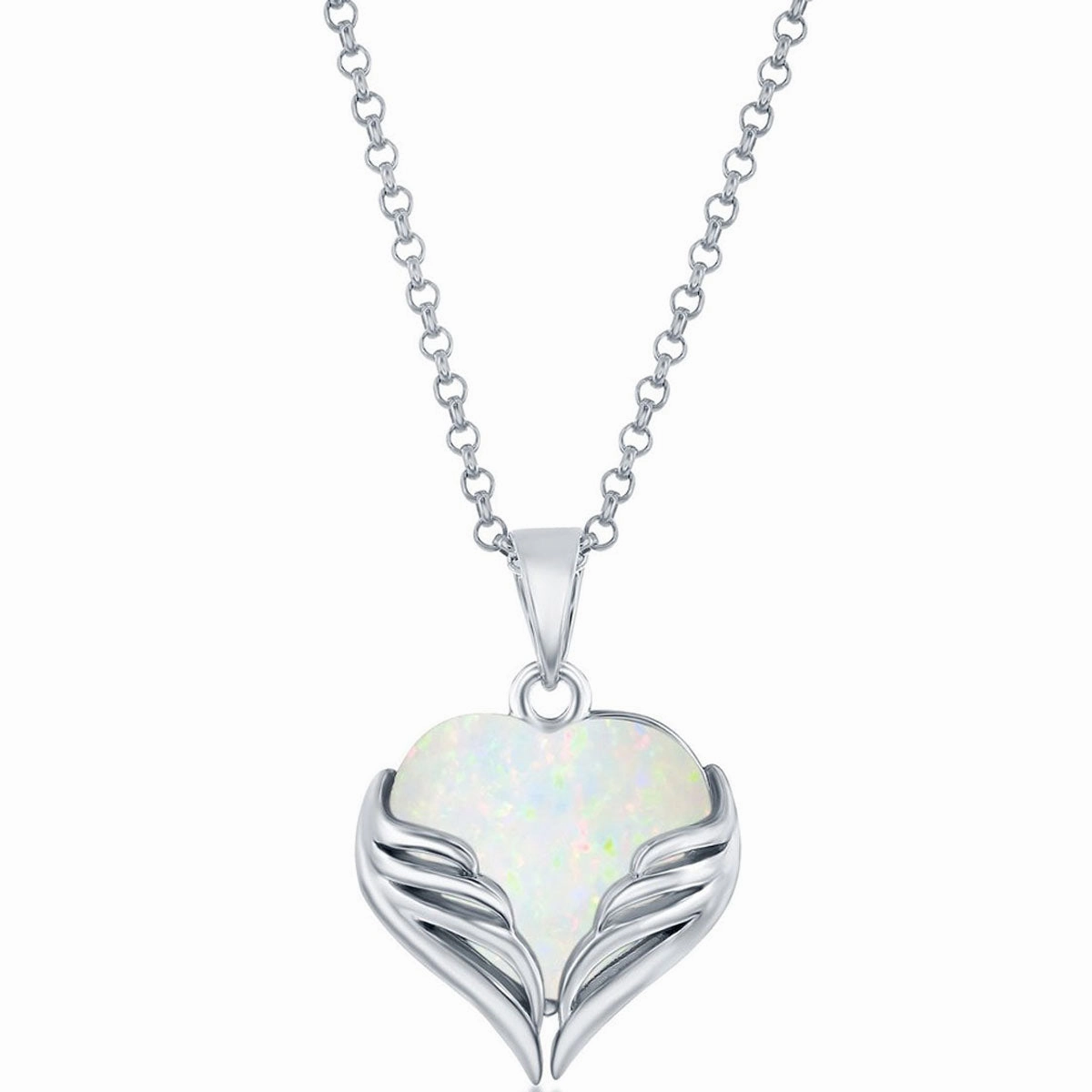 Women's Pendant - Sterling Silver White Opal Heart Angel Wings | K-8878