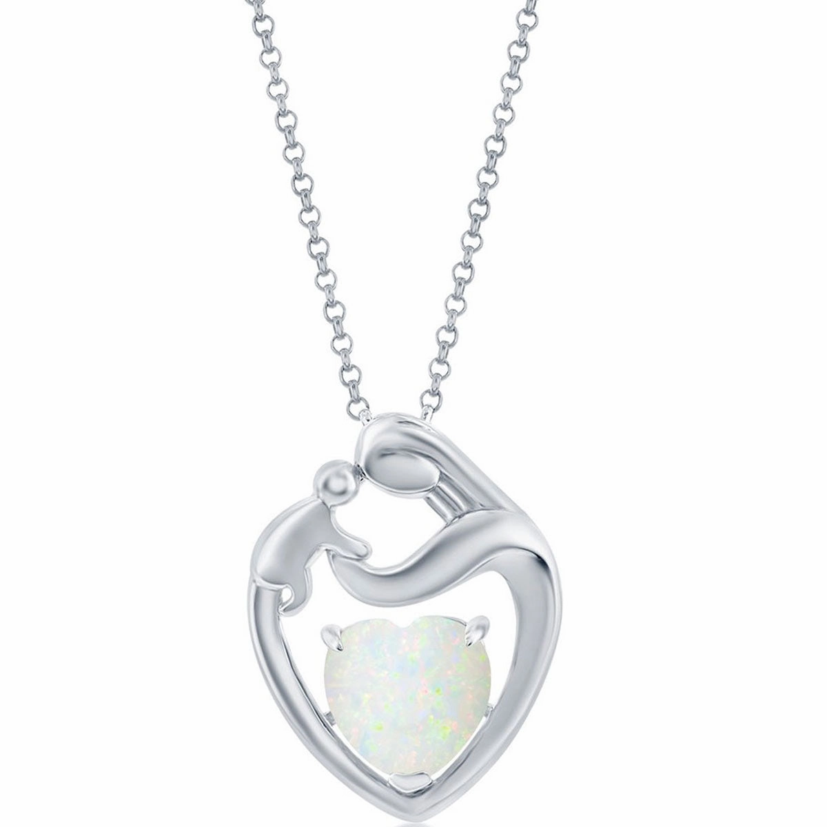Women's Pendant - Sterling Silver White Opal Heart Mother and Child | K-8877
