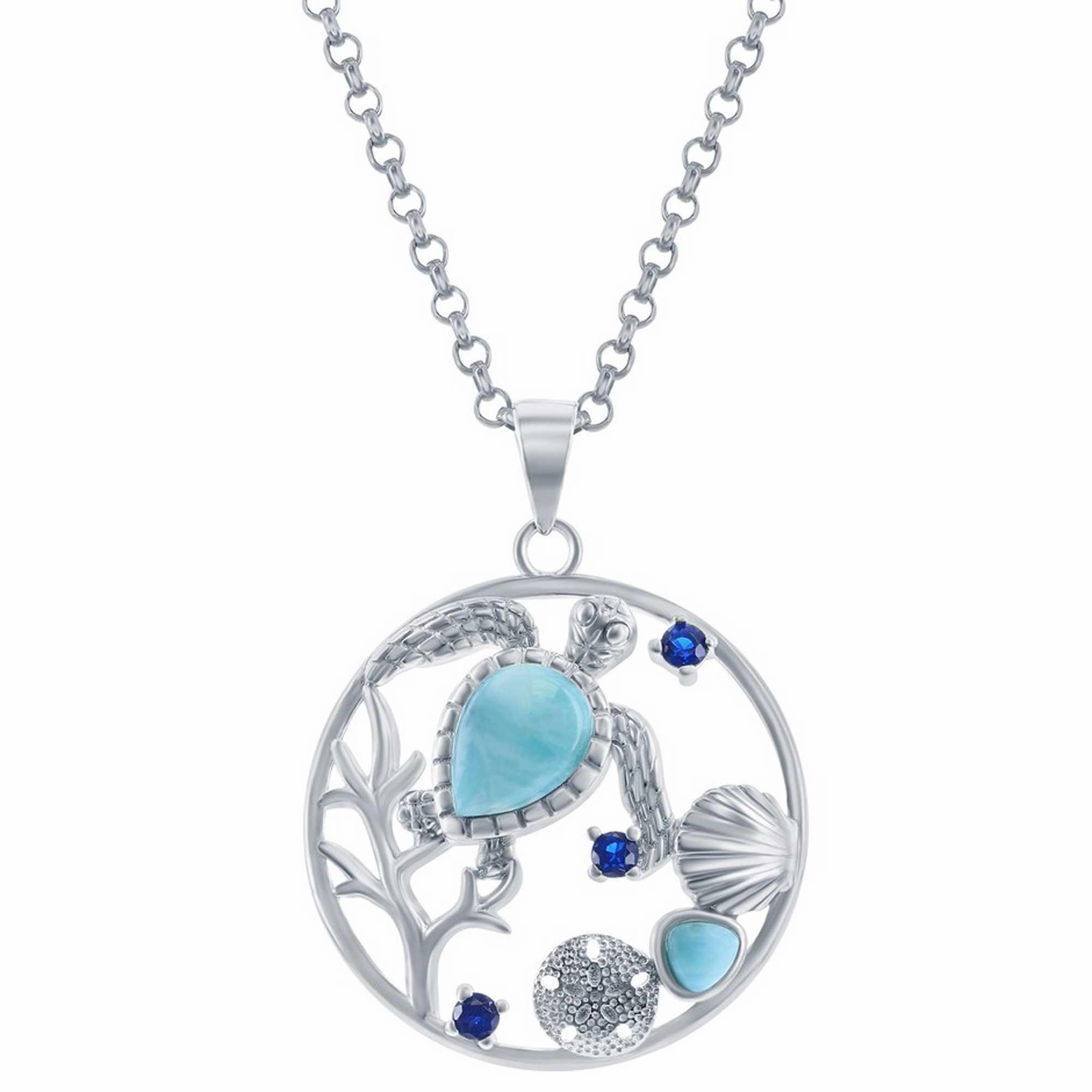 Women's Pendant - Turtle, Seashell, Sand Larimar and CZ | K-8890